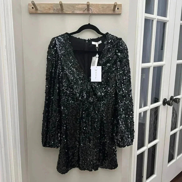 NEW WAYF Black CARRIE Balloon Long Sleeve Sequin Cocktail Mini Dress - Picture 4 of 13